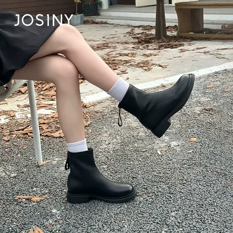 卓诗尼2025秋冬新款马丁靴女英伦风时尚百搭中跟平底后拉链女靴图片
