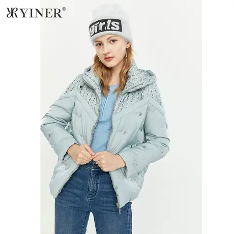 YINER音儿outlets 冬季新款短款绣花连帽羽绒服商品大图