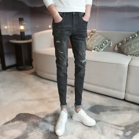 2023秋冬新款个性破洞小脚裤男士潮流显瘦铅笔裤青年百搭牛仔长裤商品大图