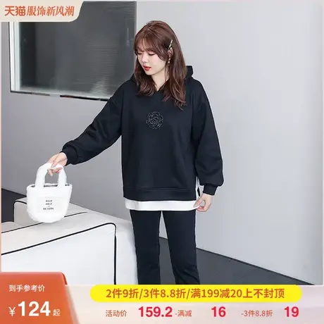 显瘦大码胖mm加绒上衣女套头2023年季新款连帽拼接假两件卫衣厚商品大图