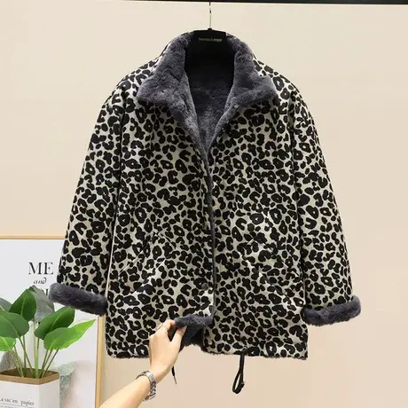 冬装加绒棉衣加厚立领毛呢新款豹纹棉袄短款小个子女秋冬保暖外套图片