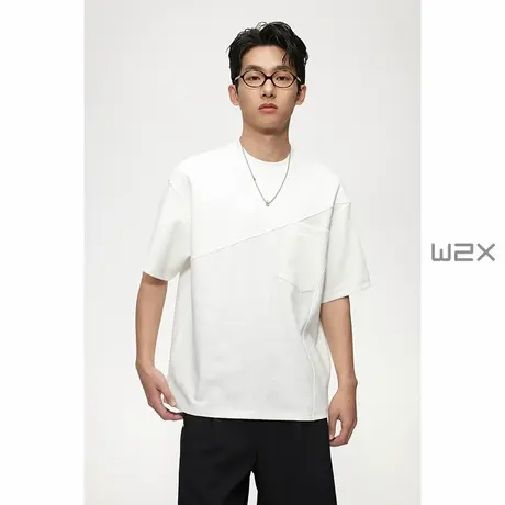 w2x夏季异色拼接设计感宽松短袖T恤圆领高级感痞帅休闲半袖体恤潮商品大图