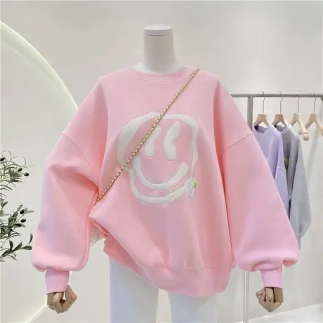 卫衣女春秋薄款2022新款韩国东大门刺绣笑脸宽松慵懒风设计感上衣商品大图