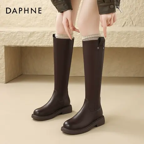 达芙妮棕色长筒靴女2025新款夏季靴子复古英伦风瘦瘦靴高筒骑士靴商品大图