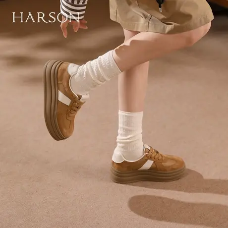 哈森时尚拼色厚底德训鞋休闲板鞋女复古百搭显高2025秋HWCL250102商品大图