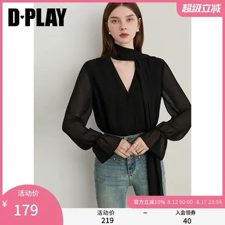 DPLAY2025年秋季新款黑色衬衫女飘带设计宽松衬衣长袖上衣小衫商品大图