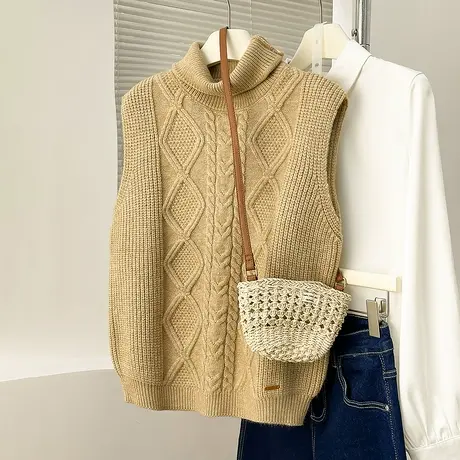 唐狮复古绞花设计高领宽松套头马甲潮流设计感半开襟套头显瘦tu图片