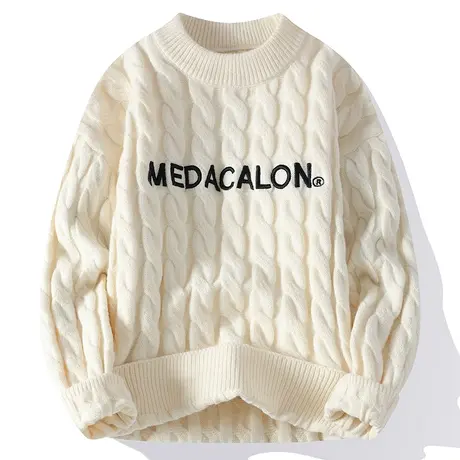 圆领冬季毛衣男士条纹刺绣针织衫青少年学生保暖提花线衣百搭潮流商品大图