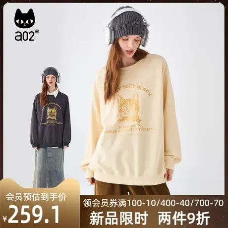 a02秋冬新款加绒圆领卫衣时尚休闲百搭猫咪印花宽松复古圆领上衣商品大图
