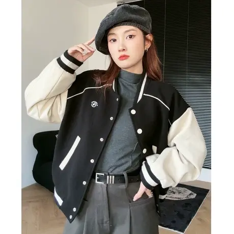 尔给韩系休闲宽松百搭美式复古小众短款棒球服外套女春秋2023新款商品大图