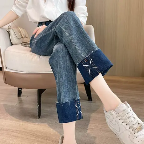 牛仔裤女2023春秋新款复古直筒宽松高腰显瘦九分小个子弹力烟管裤商品大图