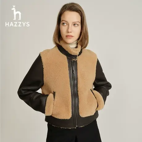 【商场同款】Hazzys哈吉斯女装23冬季新款合体版保暖拼接羊毛皮衣图片
