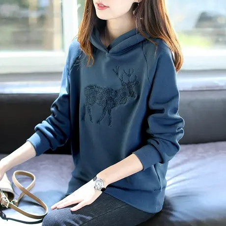 宝诗黎刺绣加绒连帽宽松加厚卫衣女秋冬2023短款长袖新款百搭上衣商品大图