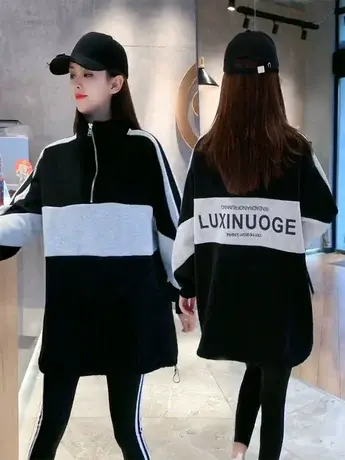 2023年春秋新款立领中长款加绒卫衣女宽松韩版棒球服外套bf慵懒风商品大图