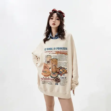 YEP美式复古无帽卫衣女秋冬2023年新款潮牌宽松圆领套头印花上衣商品大图