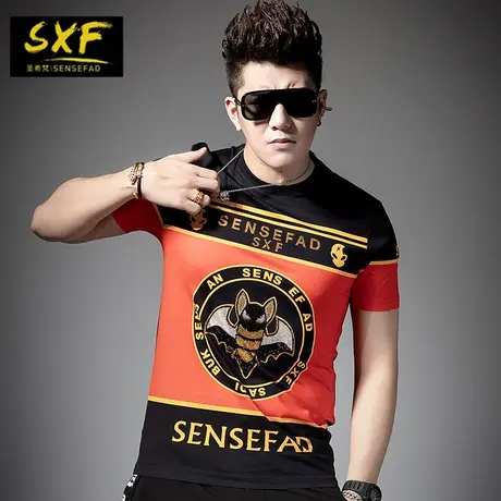 SXF圣希梵T恤男 欧美印花烫钻上衣纯棉体恤 夏季潮流修身男士短袖图片