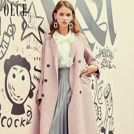 【买1送1】Oece秋冬装新款双面呢大衣中长款双排扣格子毛呢外套冬图片