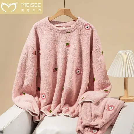 美思秋冬季加厚款珊瑚绒睡衣女套装家居服加绒可爱法兰绒长袖开衫商品大图