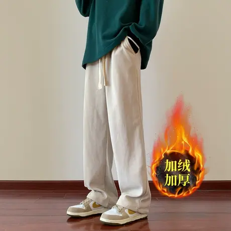 灯芯绒直筒裤子男秋冬季款潮牌阔腿卫裤运动休闲长裤大码垂感杏色商品大图