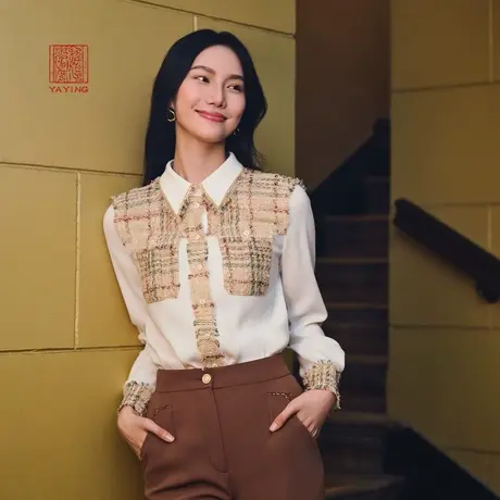 [小香风]EP雅莹高端系列 设计感花呢拼接白衬衫 商场同款2221A商品大图