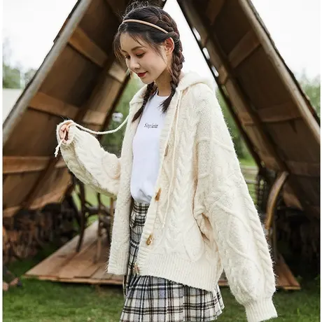 唐狮春秋新款开衫毛衣女连帽复古日系慵懒软奶外套图片