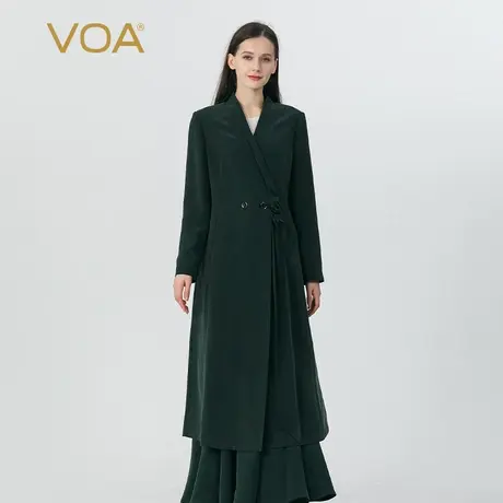 VOA深松绿40姆米鬼纡重磅桑蚕丝V领长袖双排扣直筒开叉真丝外套秋商品大图