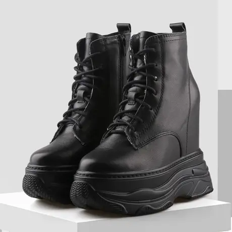 马丁靴女内增高14公分冬加绒英伦风短靴小个子高帮真皮厚底松糕鞋商品大图