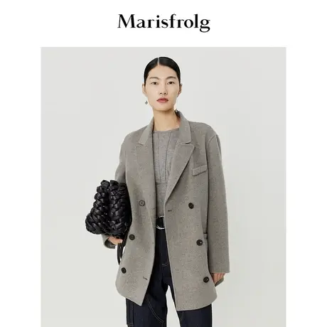 【商场同款】玛丝菲尔毛呢外套冬季新款美利奴羊毛灰色双排扣大衣商品大图