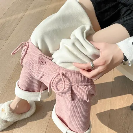 粉色加绒窄版阔腿裤女秋冬季高腰显瘦加厚羊绒运动垂感休闲拖地裤商品大图