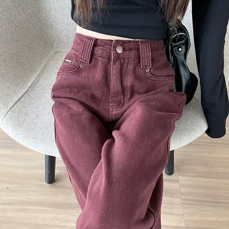 酒红色牛仔阔腿裤女2024新款春秋季高腰垂感显瘦直筒宽松拖地裤子商品大图