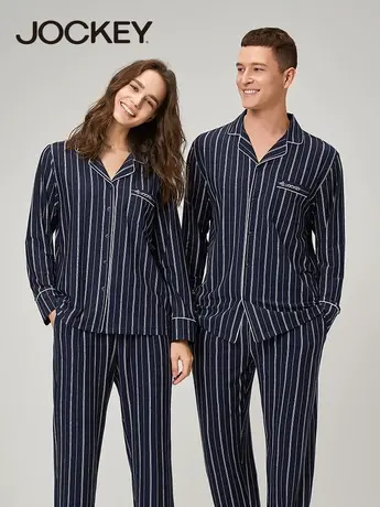 Jockey男士家居服套装莫代尔睡衣女翻领简约条纹可外穿情侣家居服图片