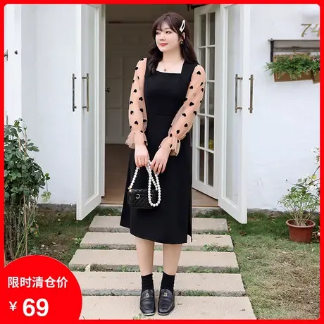 【清仓】装新款方领开衩桃心网纱拼接吊带连衣裙收腰显瘦大码胖MM商品大图