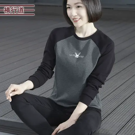 2025新款春装圆领撞色绣花宽松长袖T恤女装韩版妈妈大码棉质上衣商品大图