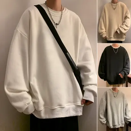 潮牌宽松圆领卫衣男春秋季重磅oversize长袖打底衫港风纯色上衣服商品大图