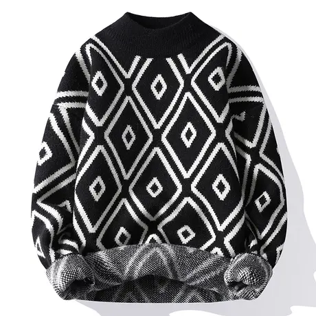 秋冬季新款加绒加厚格子男毛衣保暖套头针织衫青年外套男装潮流MY图片