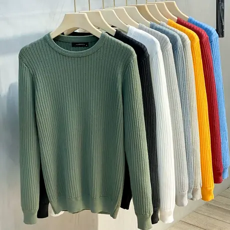 秋冬季新款圆领毛衣男长袖针织衫打底衫条纹保暖加厚线衣韩版潮流商品大图