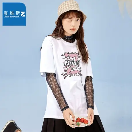 真维斯Z+女款夏季2023新款潮流时尚短袖上衣设计感印花街头女T恤图片