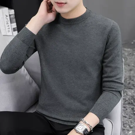 毛衣男圆领纯色内搭打底衫加绒加厚秋冬季保暖一体绒毛线衣针织衫商品大图