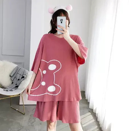 夏季加大码睡衣女短袖短裤两件套宽松微胖mm家居服小熊套装200斤商品大图