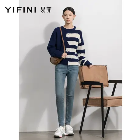 Yifini/易菲水洗加绒牛仔裤女冬新高腰浅蓝显瘦铅笔裤加厚小脚裤商品大图