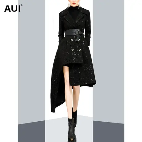 aui裙摆型黑色不规则收腰毛呢外套女2022年冬新款中长款呢子大衣图片