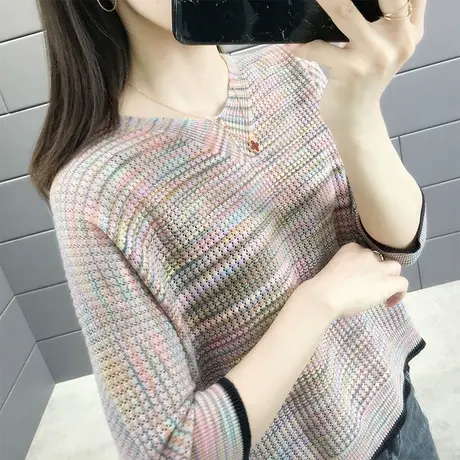 镂空中袖针织衫女外穿2023春秋女装洋气宽松显瘦V领上衣女七分袖商品大图