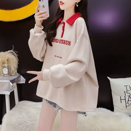 加绒加厚polo领卫衣外套女2023新款秋冬季洋气减龄宽松慵懒风上衣图片