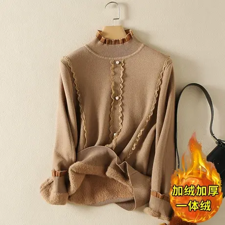 一体绒半高领毛衣女2023年秋冬新款加绒加厚宽松内搭针织打底衫女商品大图