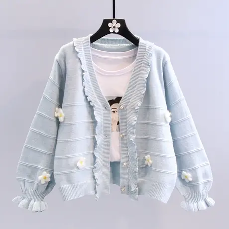 木耳边小花毛衣外套女2023秋冬新款日系甜美宽松外穿洋气针织开衫图片