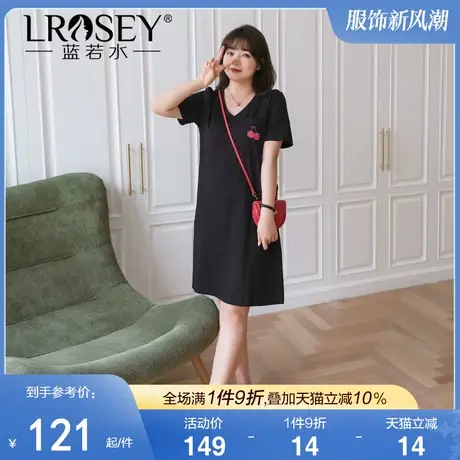 大码女装简约气质V领直筒裙胖mm2024夏装宽松遮肉印花棉质连衣裙商品大图