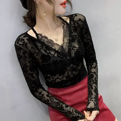2024新款春秋气质女装性感镂空蕾丝上衣紧身内搭打底衫女长袖T恤图片