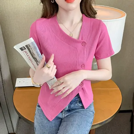 不规则开叉下摆短袖T恤女时尚斜扣V领上衣百搭短款洋气卡腰小衫潮商品大图