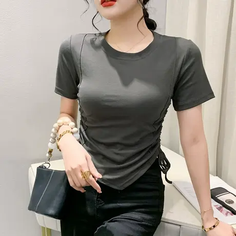 性感高腰短款T恤女短袖时尚抽绳小衫不规则下摆上衣百搭紧身小衫商品大图