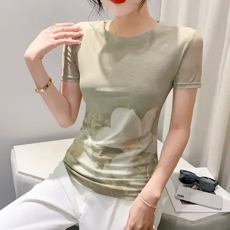 气质网纱短袖上衣女2024夏季新款复古印花T恤ins时尚别致修身小衫商品大图
